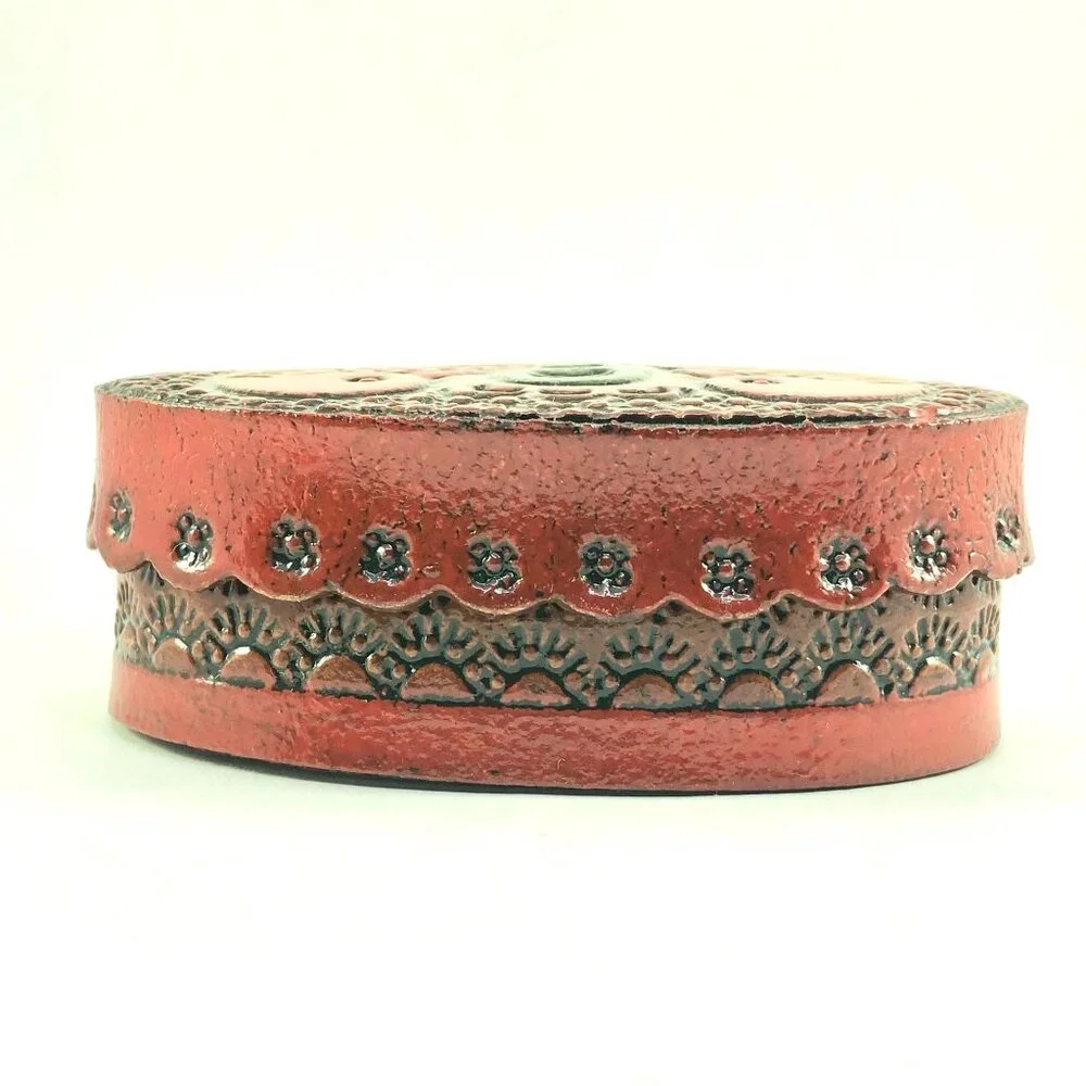 hand tooled leather trinket box butterfly moth folk art keepsake jewelry oval